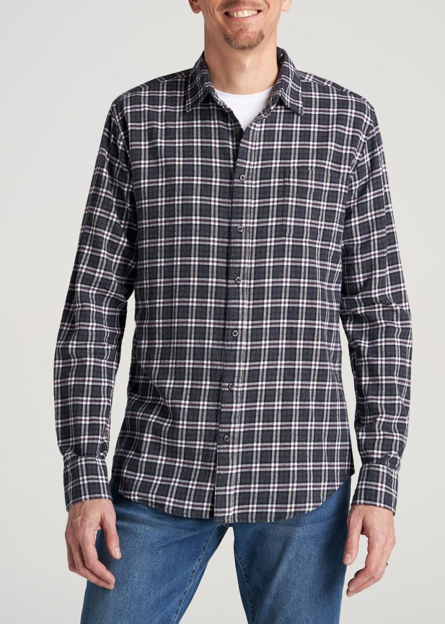 Men American Tall Button Shirts | Nelson Flannel Shirt For Tall Men In Maroon & Grey Plaid