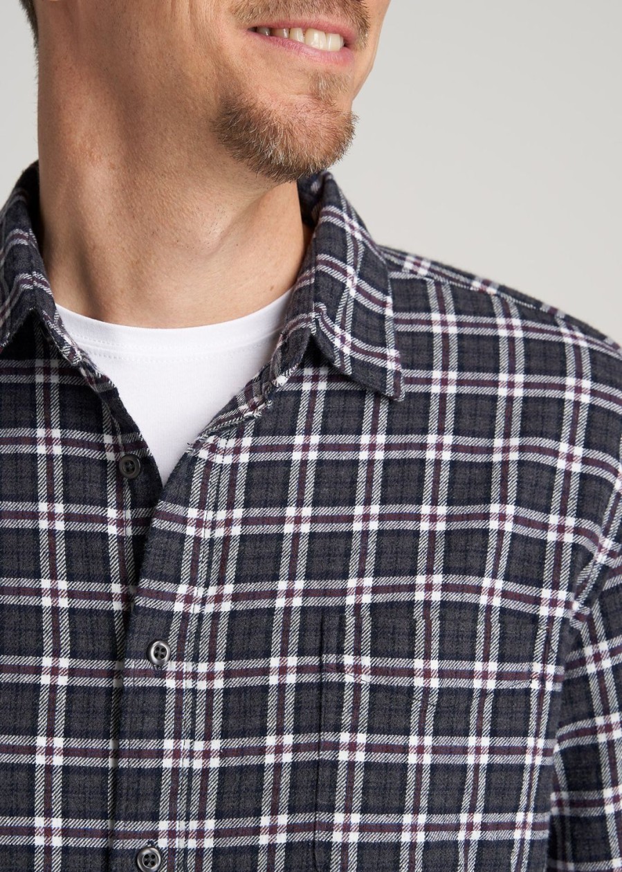 Men American Tall Button Shirts | Nelson Flannel Shirt For Tall Men In Maroon & Grey Plaid