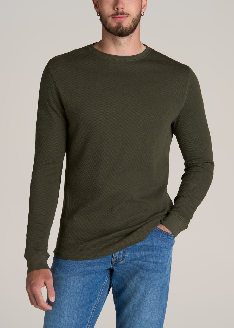 Men American Tall Long Sleeve Tees + Thermals | Double Honeycomb Thermal Crewneck Extra-Long Top In Dark Olive Green