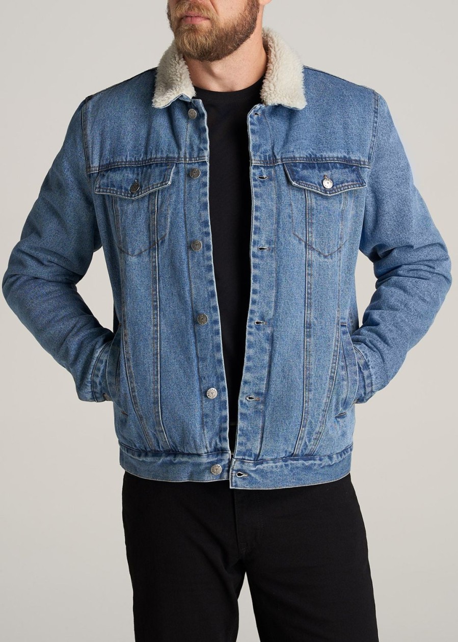 Men American Tall Jackets + Coats | Denim Sherpa Tall Men'S Jacket In Stonewash Blue