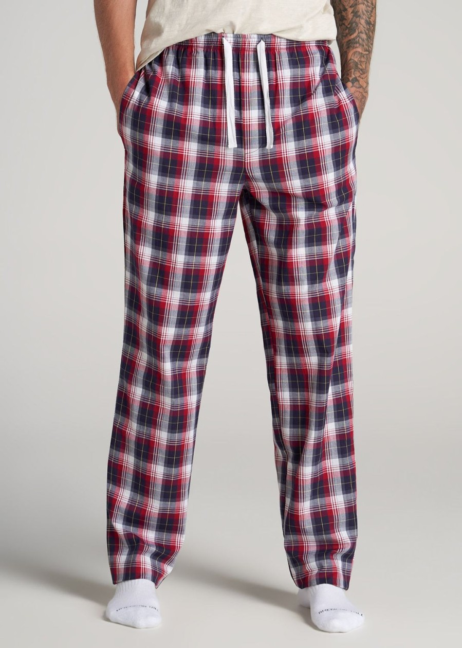 Men American Tall Athletic Pants | Woven Pajama Pants For Tall Men In Dark Blue & Red Plaid