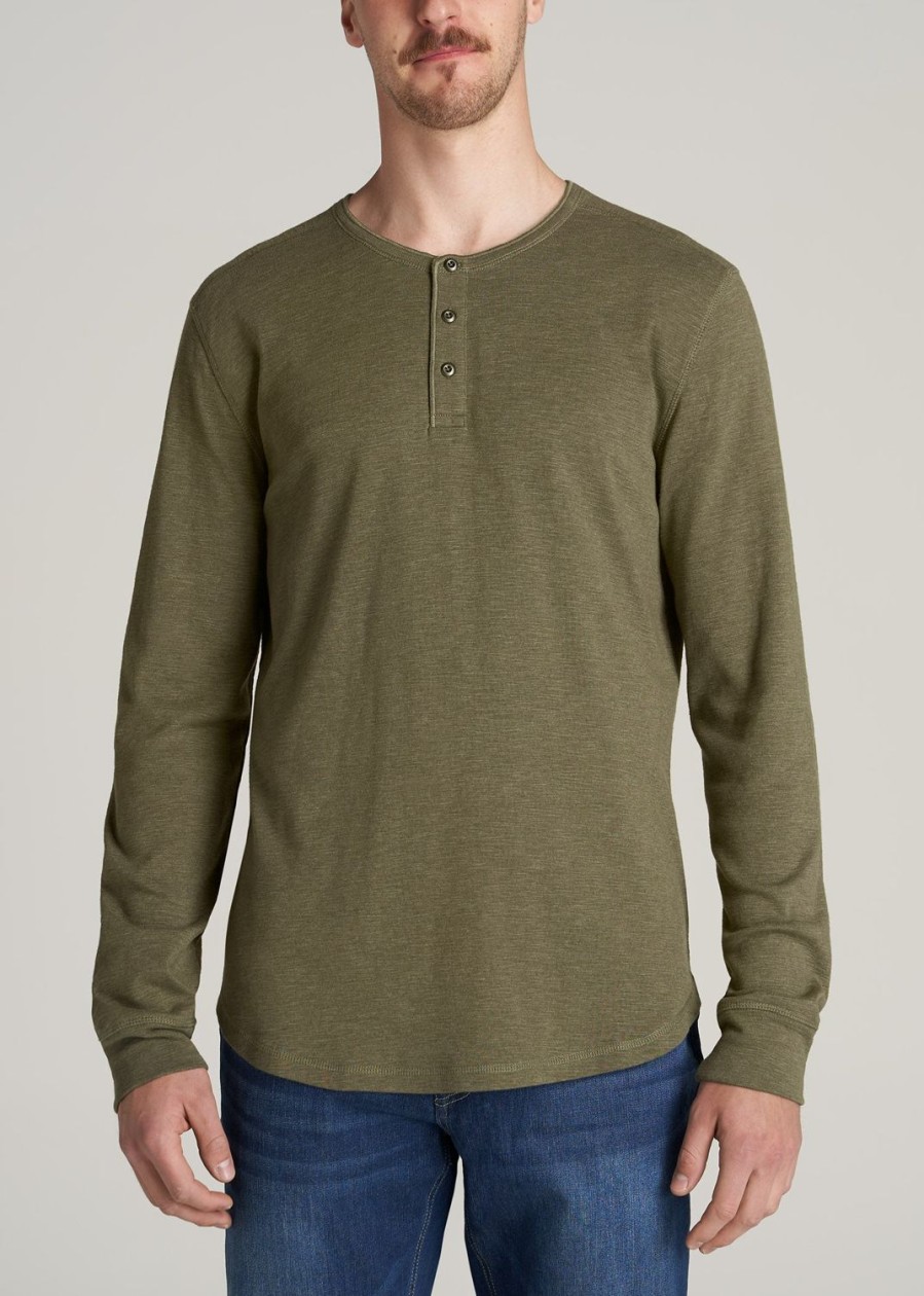 Men American Tall Long Sleeve Tees + Thermals | Heavy Slub Henley Shirt For Tall Men In Olive Mix