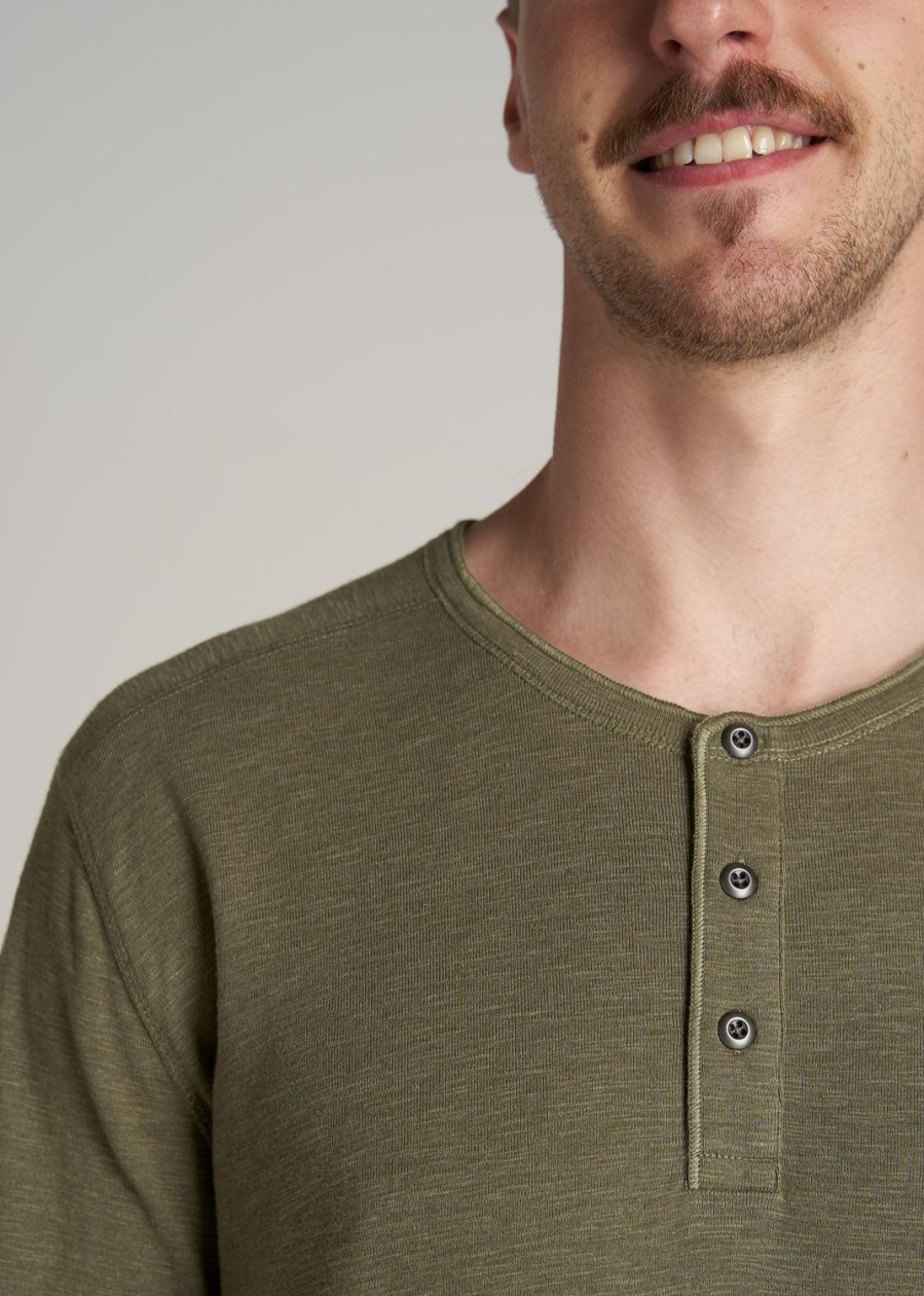 Men American Tall Long Sleeve Tees + Thermals | Heavy Slub Henley Shirt For Tall Men In Olive Mix