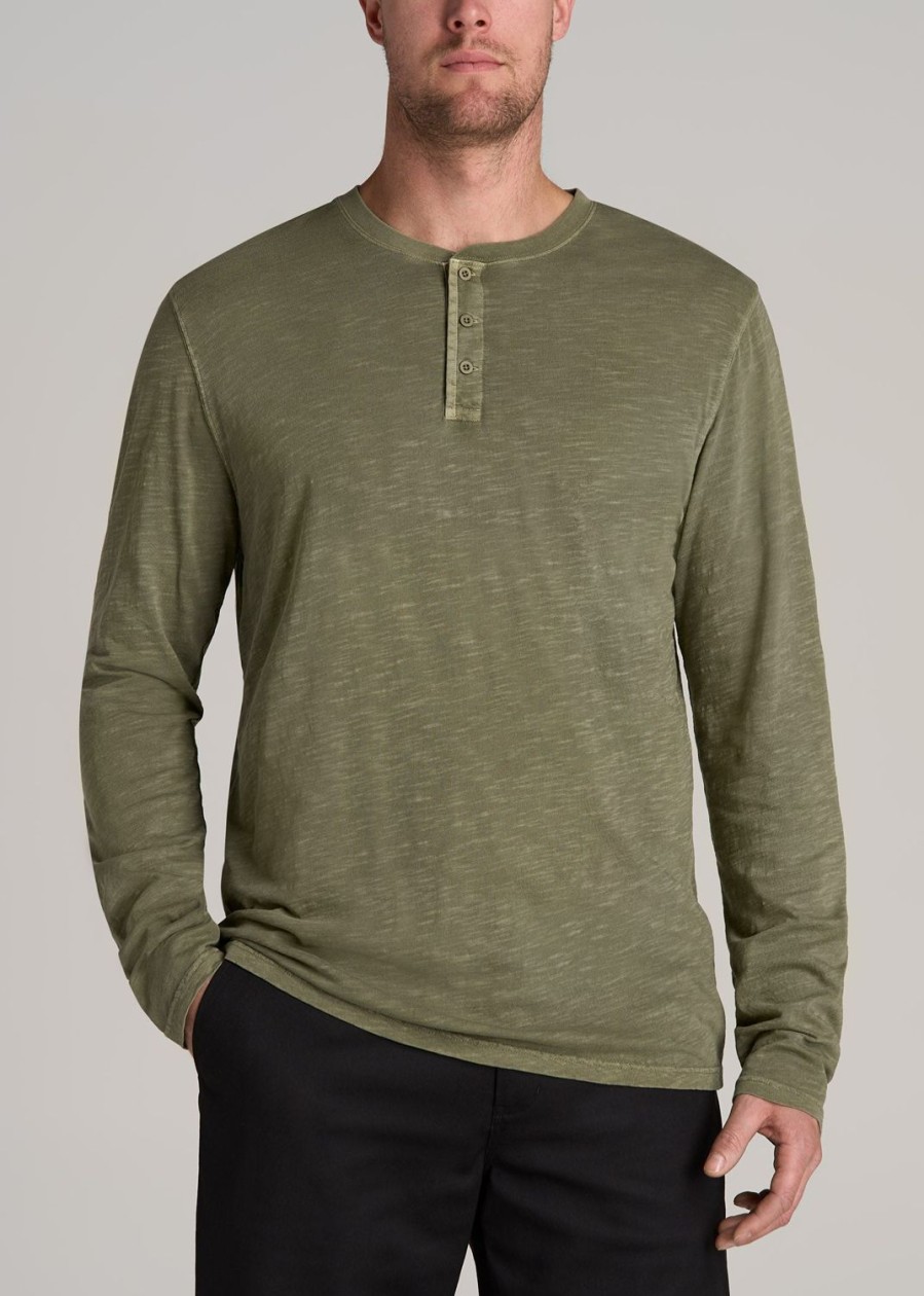 Men American Tall Long Sleeve Tees + Thermals | Lj&S Vintage Washed Slub Men'S Tall Henley Shirt In Vintage Moss Green