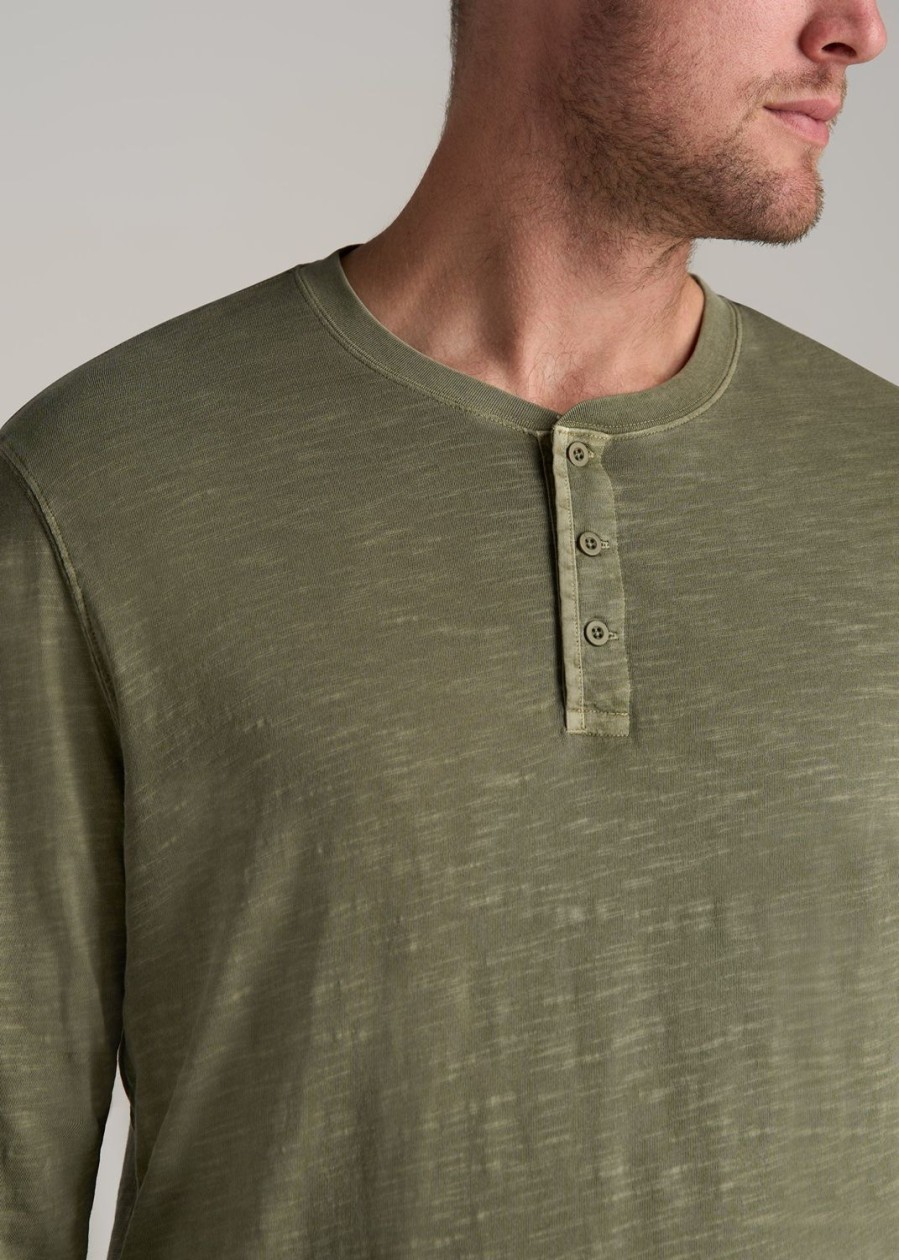 Men American Tall Long Sleeve Tees + Thermals | Lj&S Vintage Washed Slub Men'S Tall Henley Shirt In Vintage Moss Green