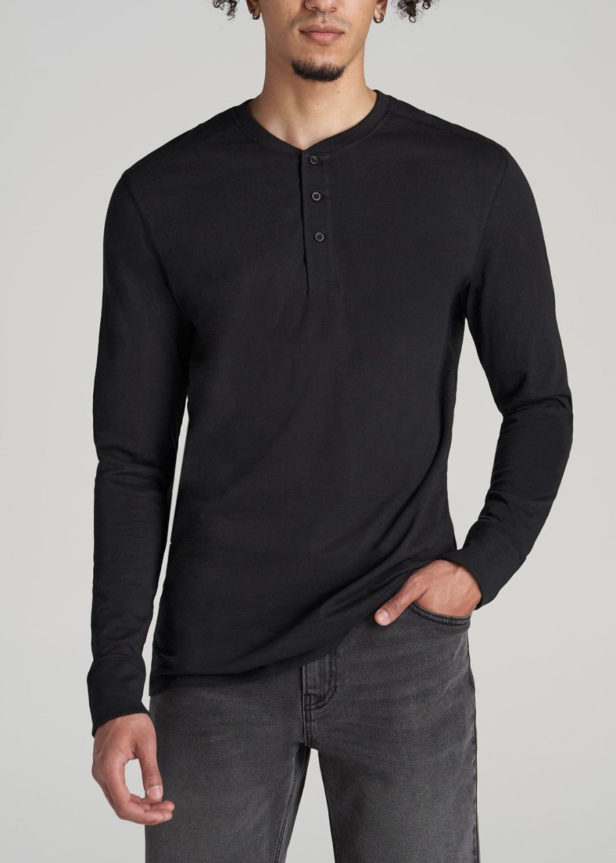 Men American Tall Long Sleeve Tees + Thermals | Men'S Tall Three Button Long Sleeve Slub Henley In Black