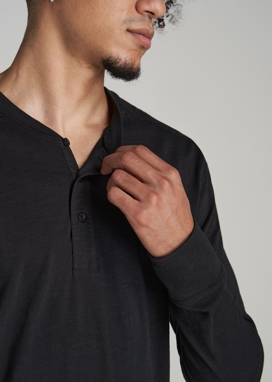 Men American Tall Long Sleeve Tees + Thermals | Men'S Tall Three Button Long Sleeve Slub Henley In Black