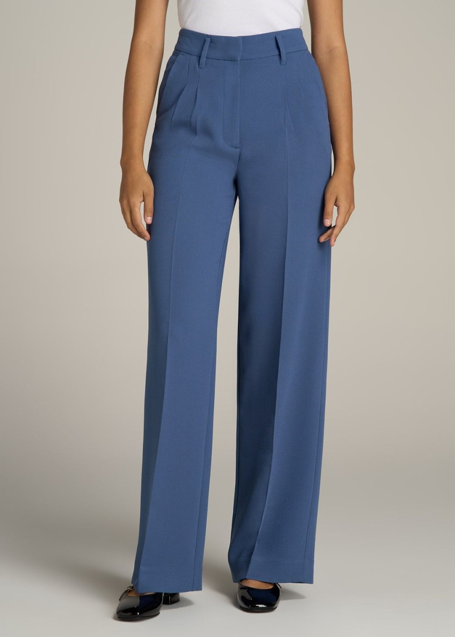 Women American Tall Pants + Trousers | Pleated Wide Leg Dress Pants For Tall Women In Steel Blue