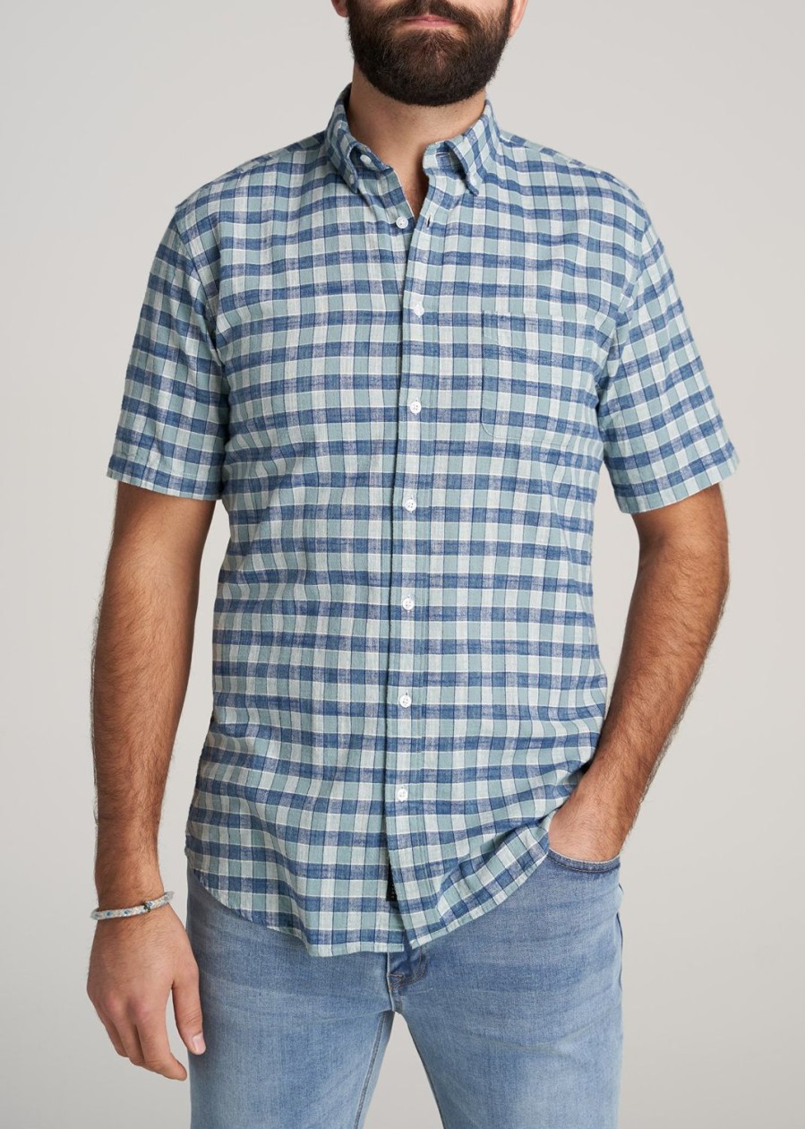 Men American Tall Button Shirts | Short Sleeve Shirt For Tall Men In Eucalyptus & Blue Plaid Eucalptus & Blue Plaid