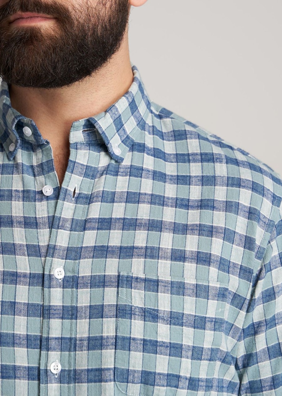 Men American Tall Button Shirts | Short Sleeve Shirt For Tall Men In Eucalyptus & Blue Plaid Eucalptus & Blue Plaid