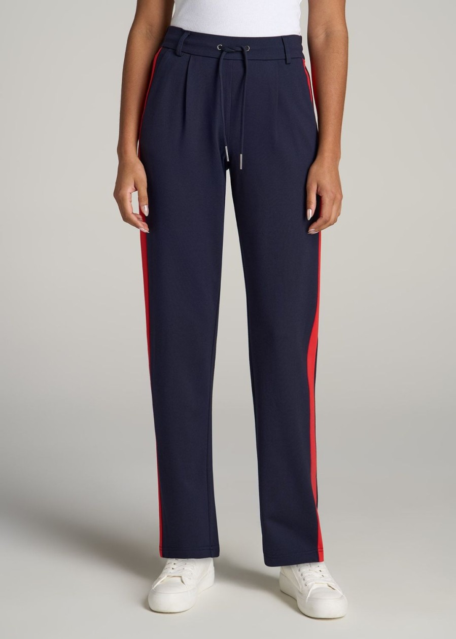 Women American Tall Pants + Trousers | Pull On Tuxedo Stripe Pants For Tall Women In True Navy And Radiant Red