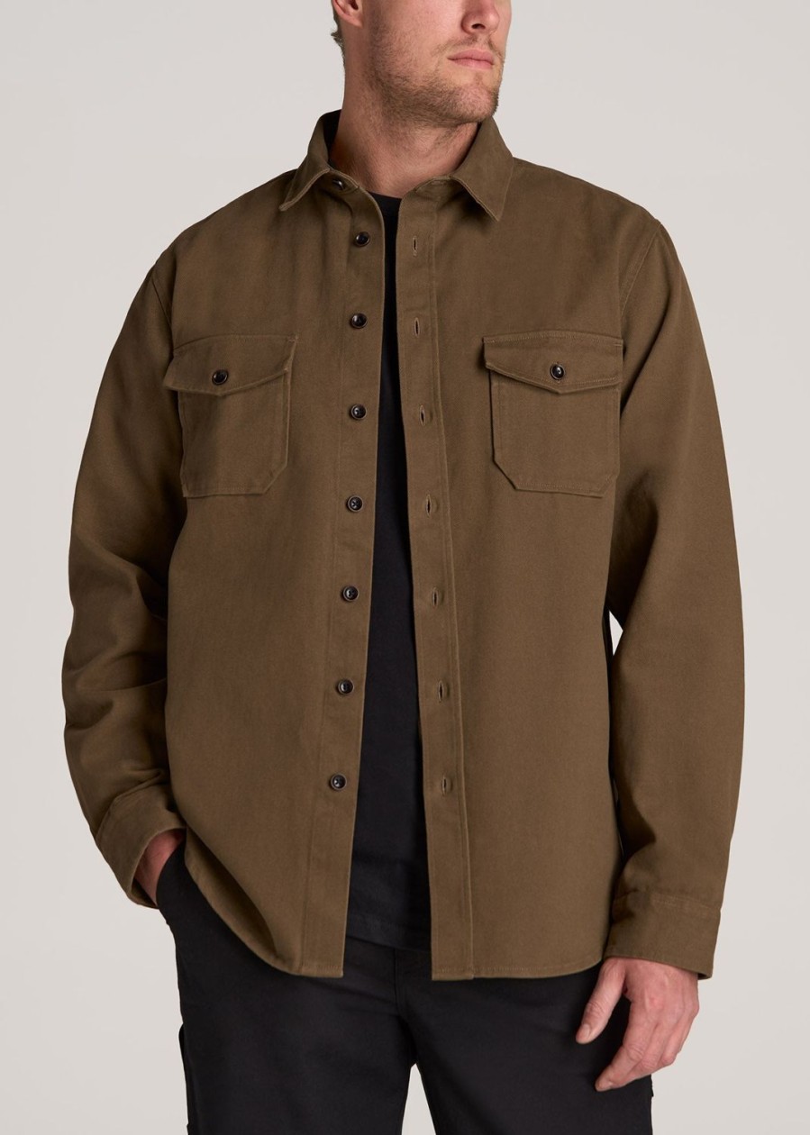 Men American Tall Button Shirts | Lj&S Heavyweight Cotton Twill Overshirt For Tall Men In Grizzly Brown