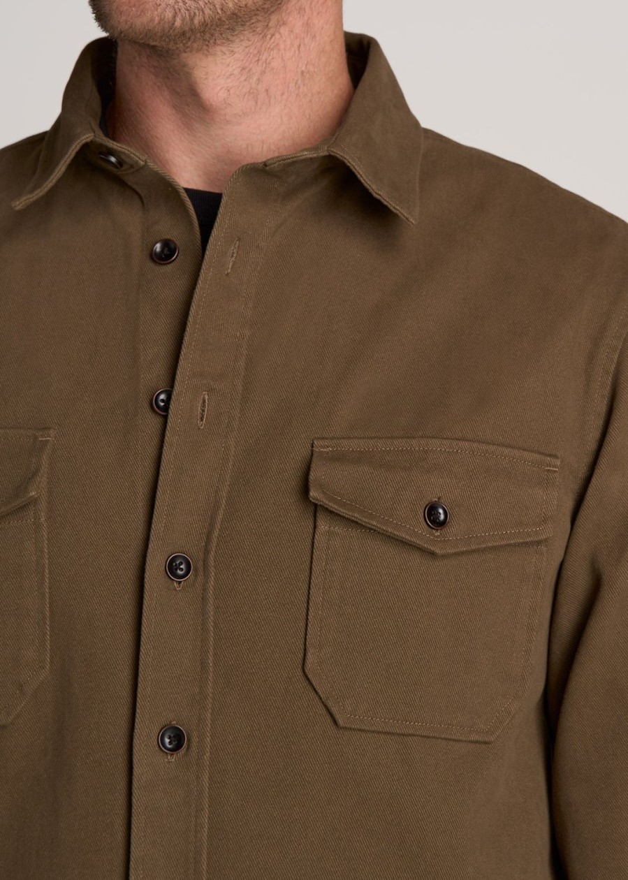 Men American Tall Button Shirts | Lj&S Heavyweight Cotton Twill Overshirt For Tall Men In Grizzly Brown