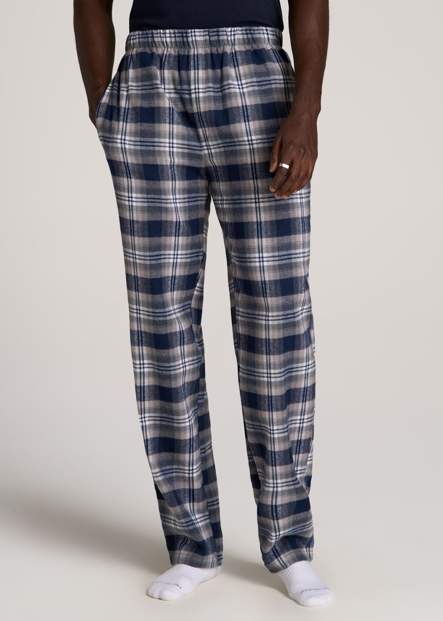 Men American Tall Athletic Pants | Plaid Pajama Pants For Tall Men In Navy And Grey Plaid