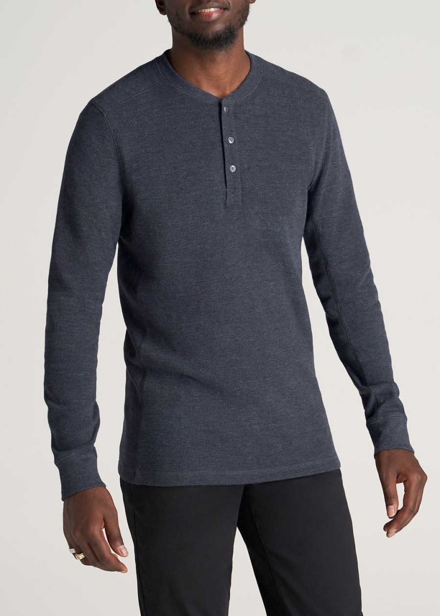 Men American Tall Long Sleeve Tees + Thermals | Lj&S Men'S Tall Heavy Waffle Henley In Midnight Navy Mix