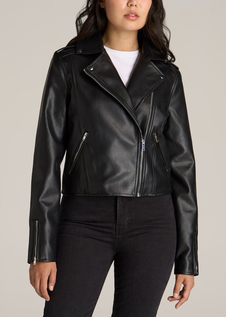 Women American Tall Jackets + Outerwear | Cropped Faux Leather Moto Jacket For Tall Women In Black