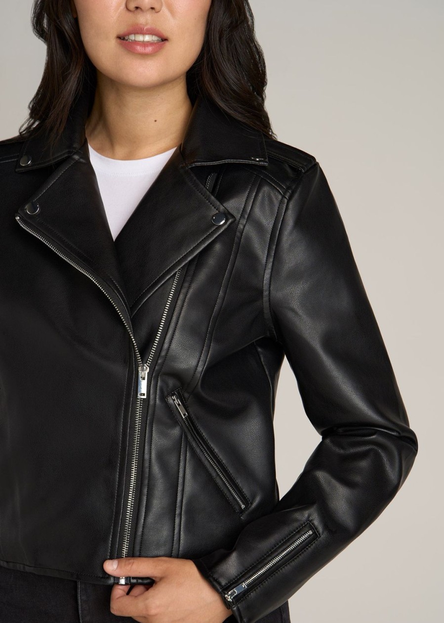 Women American Tall Jackets + Outerwear | Cropped Faux Leather Moto Jacket For Tall Women In Black