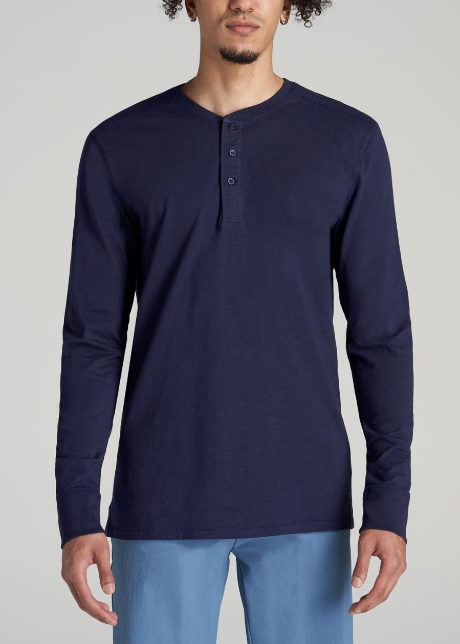 Men American Tall Long Sleeve Tees + Thermals | Men'S Tall Three Button Long Sleeve Slub Henley In Navy