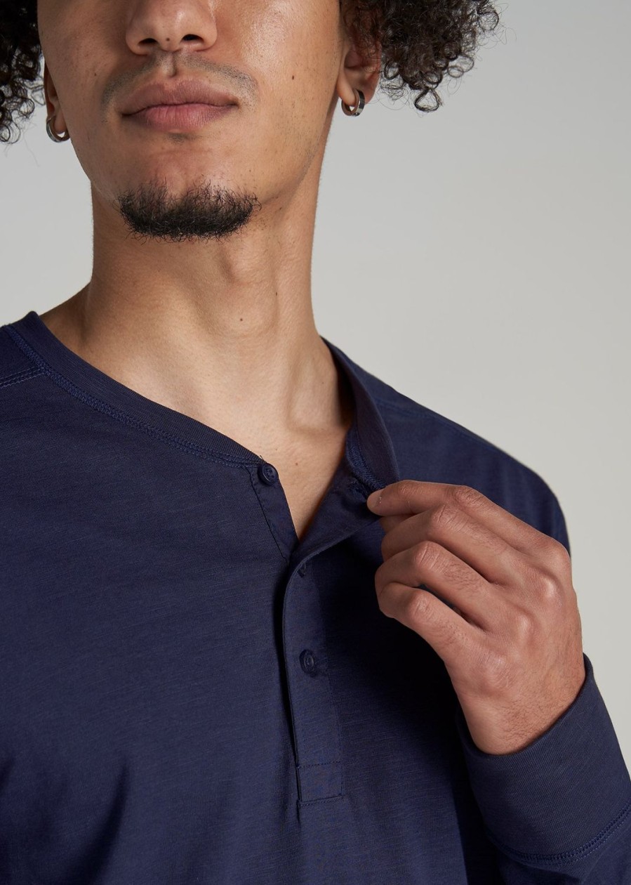 Men American Tall Long Sleeve Tees + Thermals | Men'S Tall Three Button Long Sleeve Slub Henley In Navy