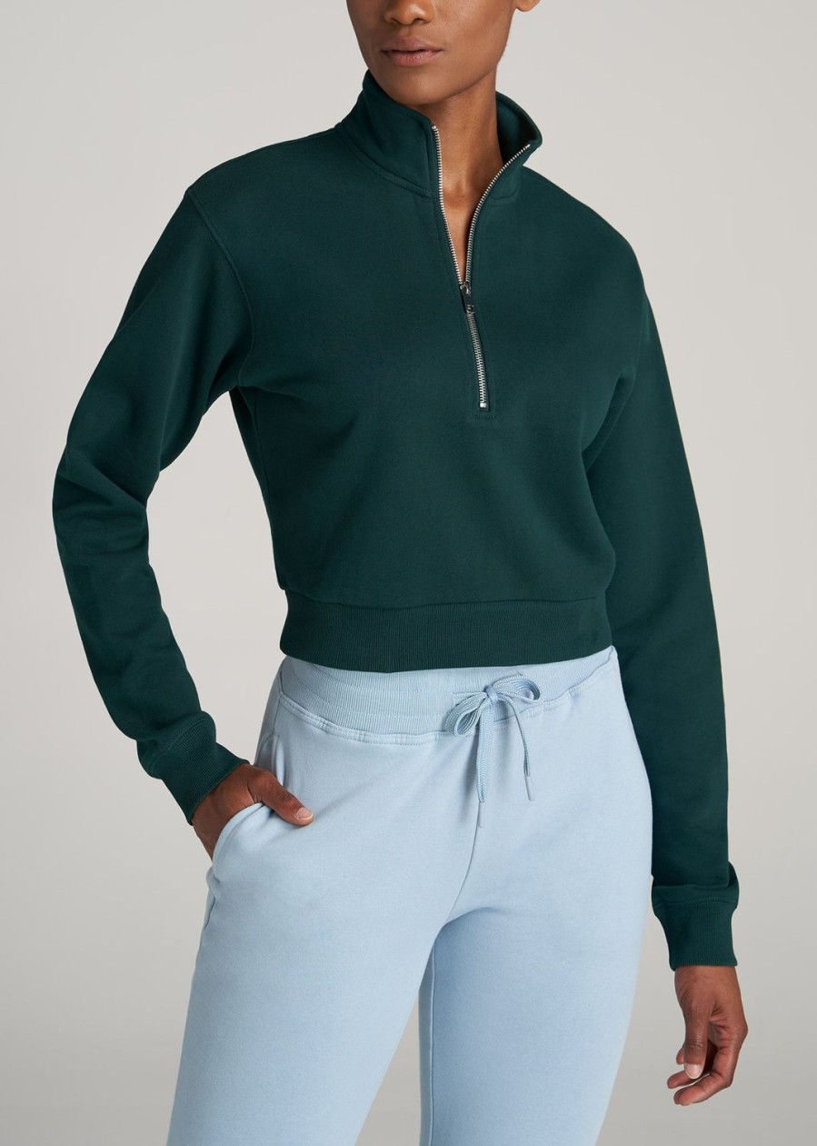 Women American Tall Hoodies + Sweatshirts | Wearever Fleece Cropped Garment Dye Half Zip Women'S Tall Sweatshirt In Emerald