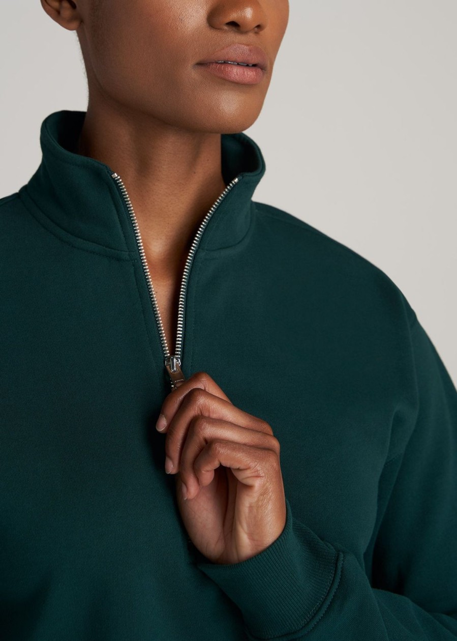 Women American Tall Hoodies + Sweatshirts | Wearever Fleece Cropped Garment Dye Half Zip Women'S Tall Sweatshirt In Emerald