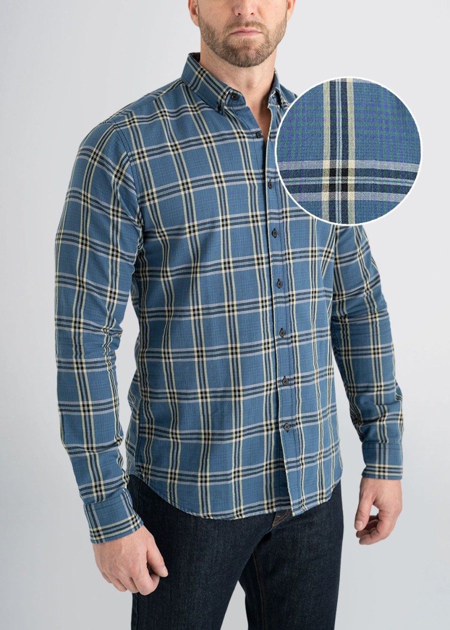 Men American Tall Button Shirts | Double-Weave Button-Up Shirt For Tall Men In Blue Plaid