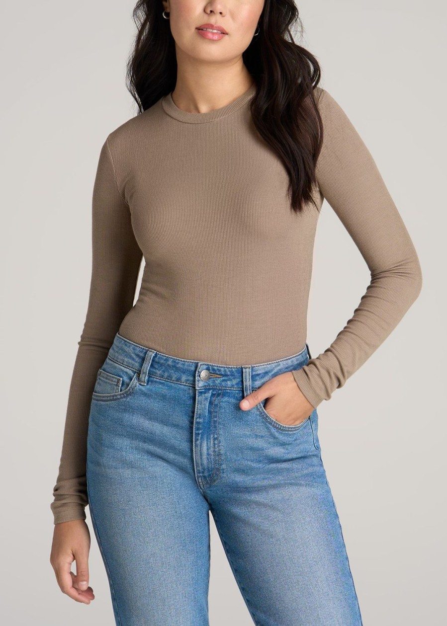 Women American Tall Long Sleeve Tees | Fitted Ribbed Long Sleeve Tee In Tall Women'S Shirts Latte