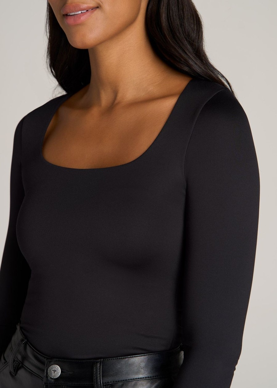 Women American Tall Tees, Tanks + Bodysuits | Long Sleeve Square Neck Bodysuit For Tall Women In Black