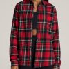 Women American Tall Shirts + Tops | Flannel Button-Up Shirt For Tall Women In Red And Green Tartan