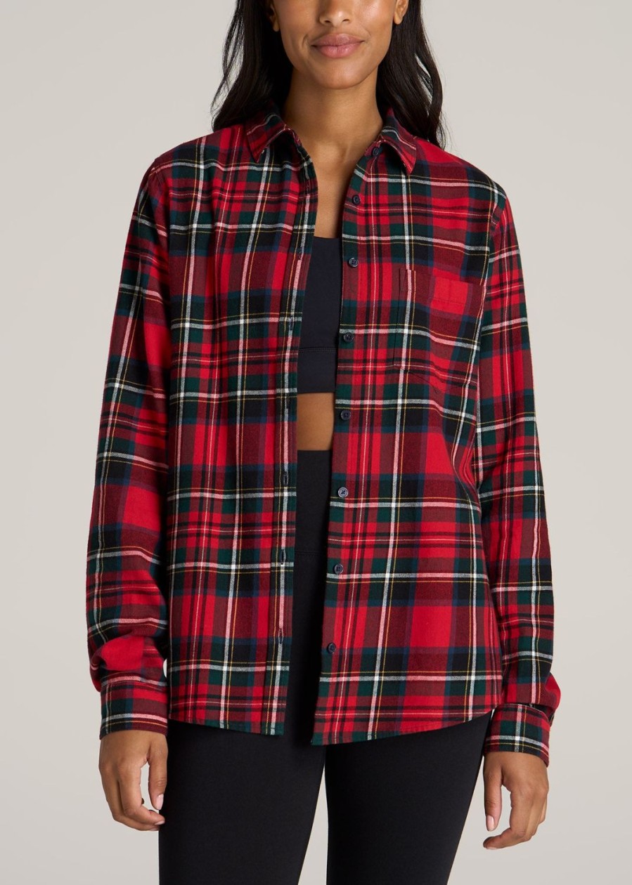 Women American Tall Shirts + Tops | Flannel Button-Up Shirt For Tall Women In Red And Green Tartan