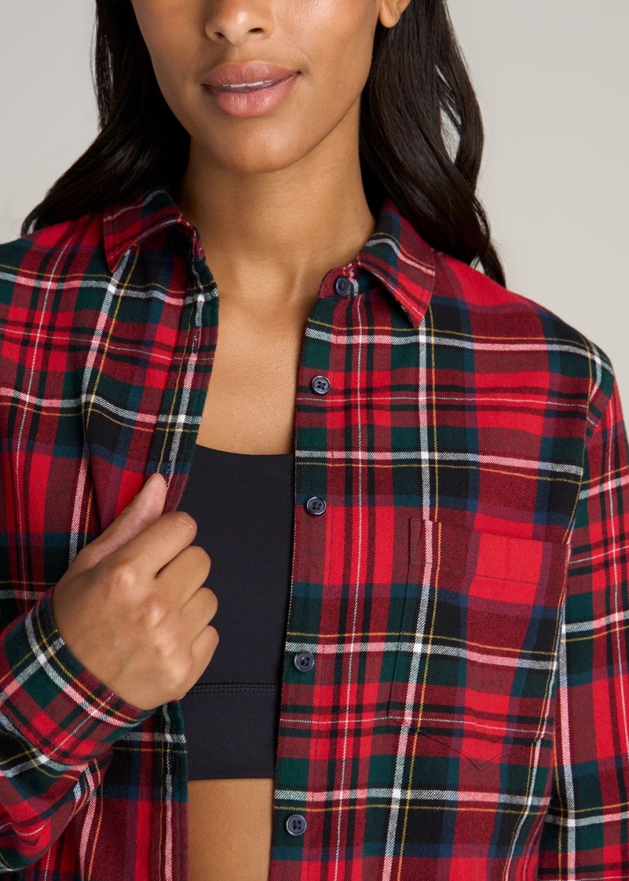 Women American Tall Shirts + Tops | Flannel Button-Up Shirt For Tall Women In Red And Green Tartan