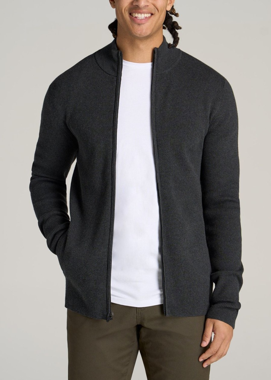 Men American Tall Hoodies + Sweatshirts | Men'S Tall Full Zip Sweater In Charcoal Mix