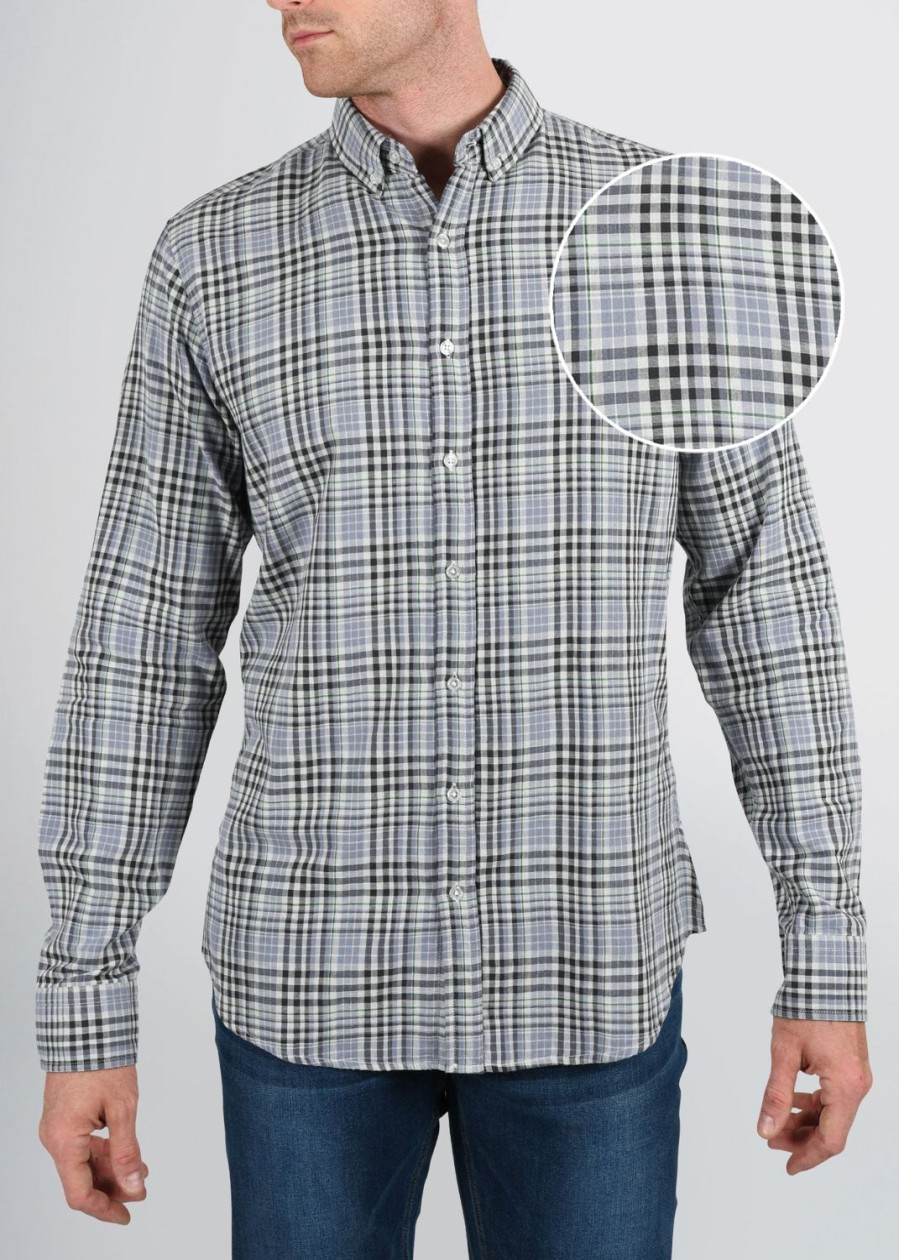 Men American Tall Button Shirts | Double-Weave Button-Up Shirt For Tall Men In Grey Plaid