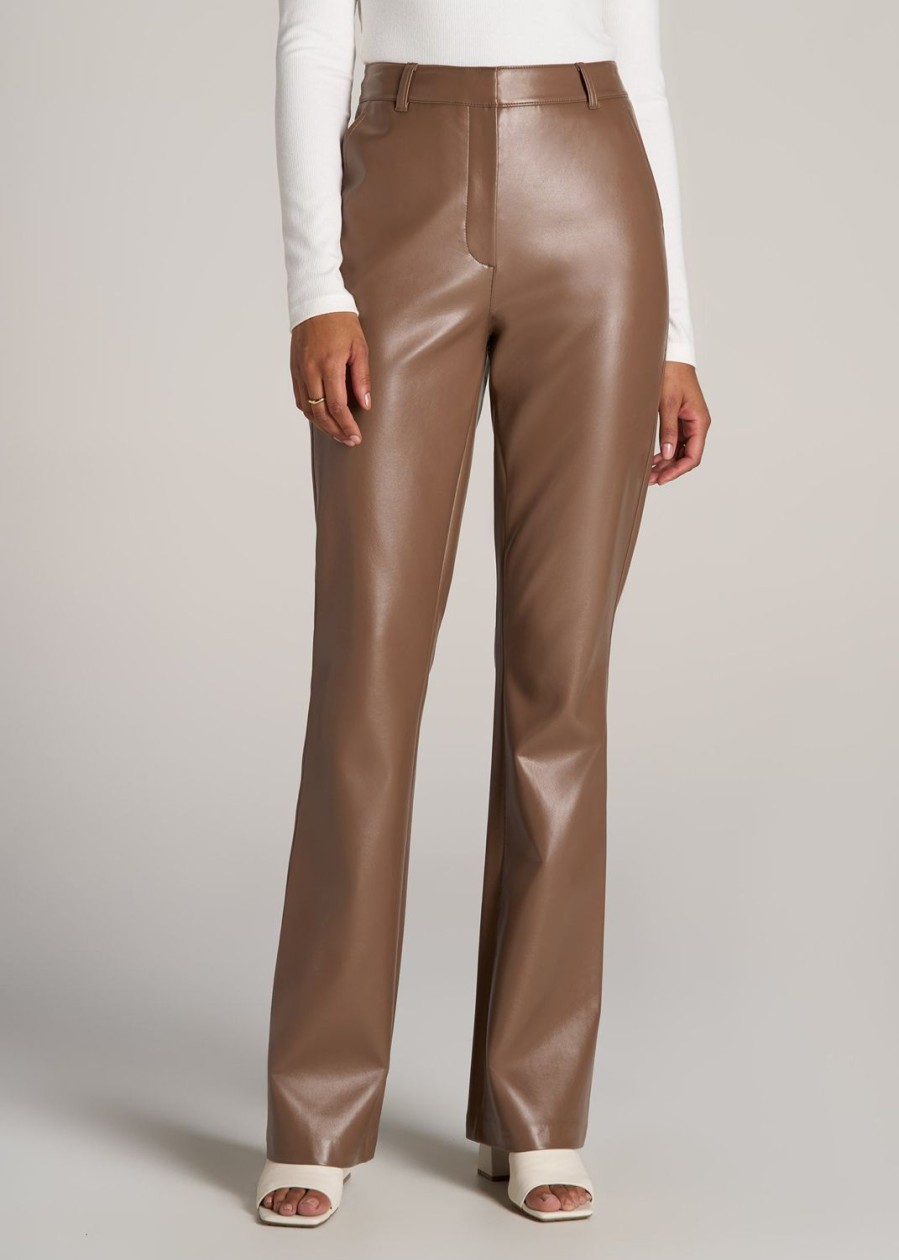 Women American Tall Pants + Trousers | High Rise Flare Faux Leather Pants For Tall Women In Aztec Brown