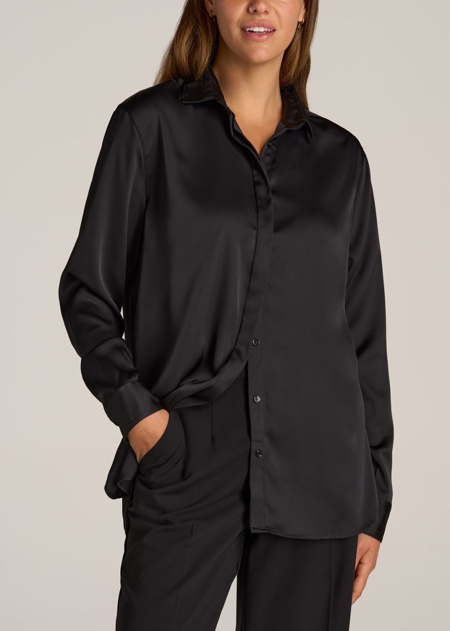 Women American Tall Shirts + Tops | Relaxed Button Up Tall Women'S Blouse In Black