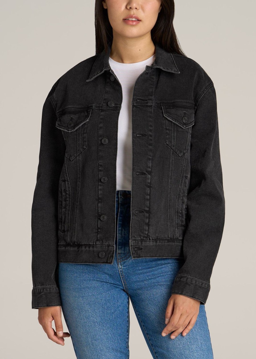 Women American Tall Jackets + Outerwear | Women'S Relaxed Tall Denim Jacket In Black Stone Wash