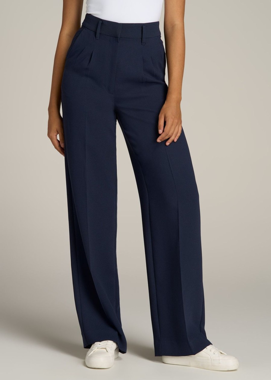 Women American Tall Pants + Trousers | Pleated Wide Leg Dress Pants For Tall Women In Navy