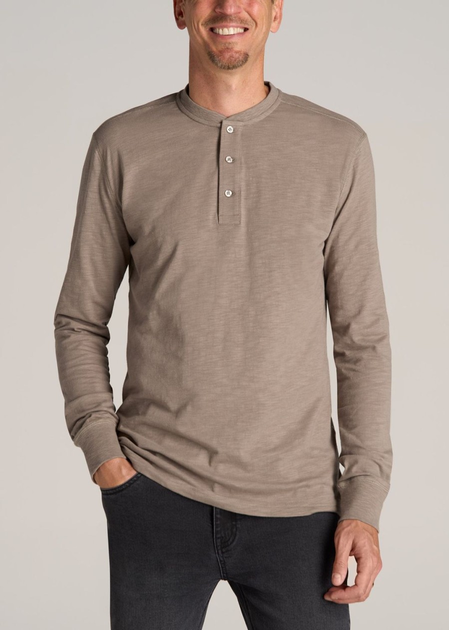 Men American Tall Long Sleeve Tees + Thermals | Long Sleeve Slub Henley Shirt For Tall Men In Dark Sand