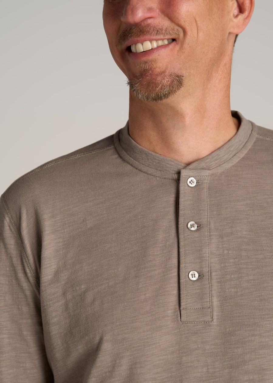 Men American Tall Long Sleeve Tees + Thermals | Long Sleeve Slub Henley Shirt For Tall Men In Dark Sand