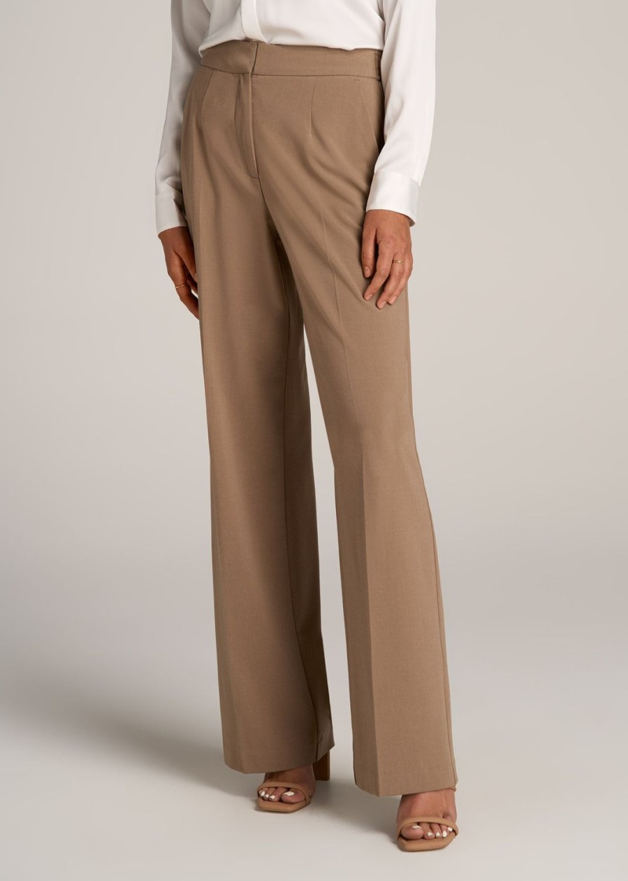 Women American Tall Pants + Trousers | Flat Front Wide Leg Dress Pants For Tall Women In Fawn