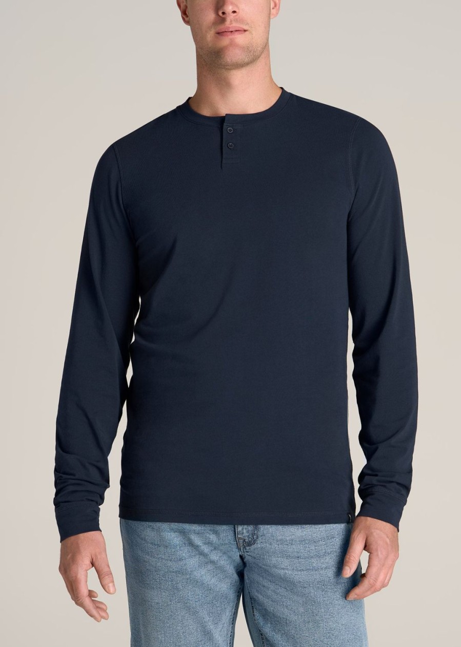 Men American Tall Long Sleeve Tees + Thermals | Pima Stretch Knit Henley Shirt For Tall Men In Evening Blue