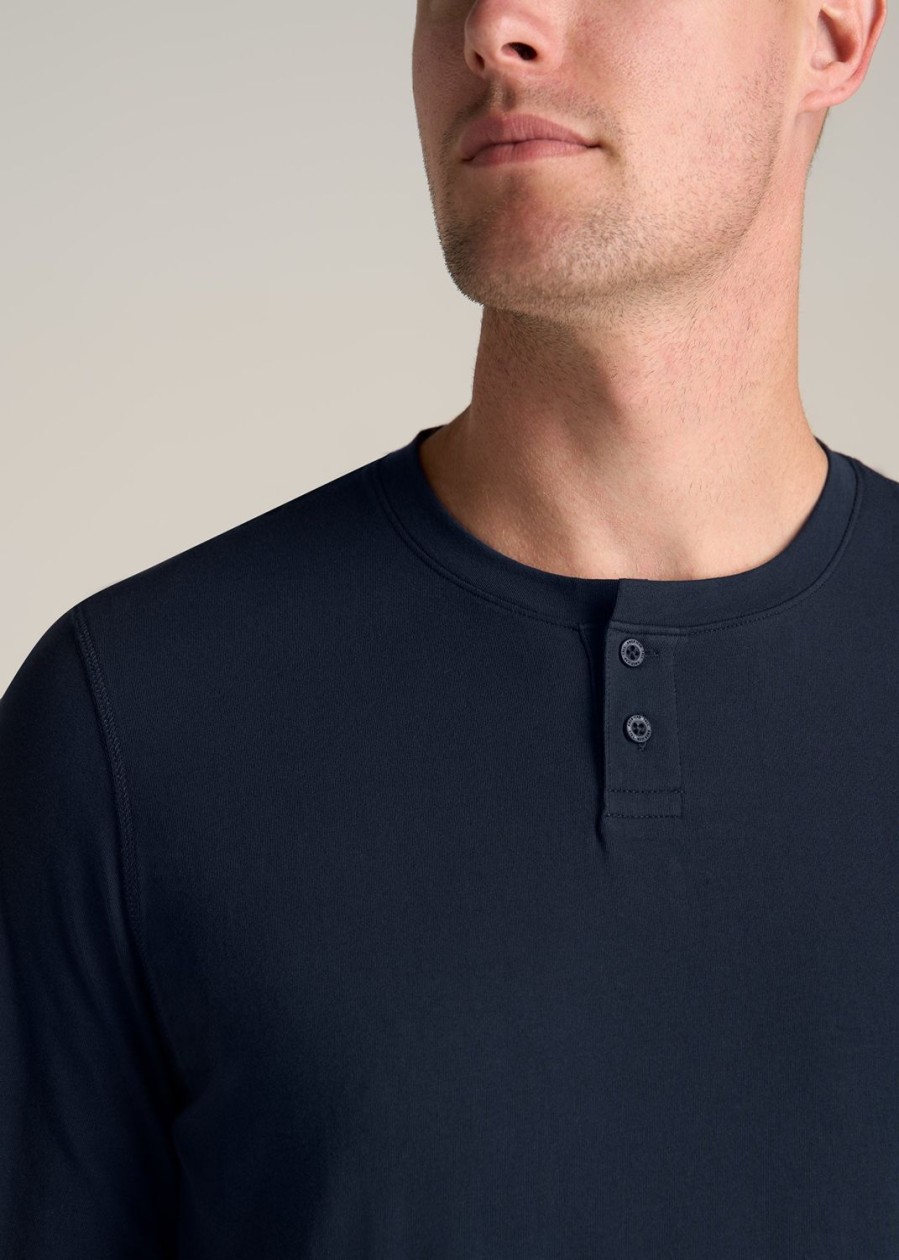 Men American Tall Long Sleeve Tees + Thermals | Pima Stretch Knit Henley Shirt For Tall Men In Evening Blue