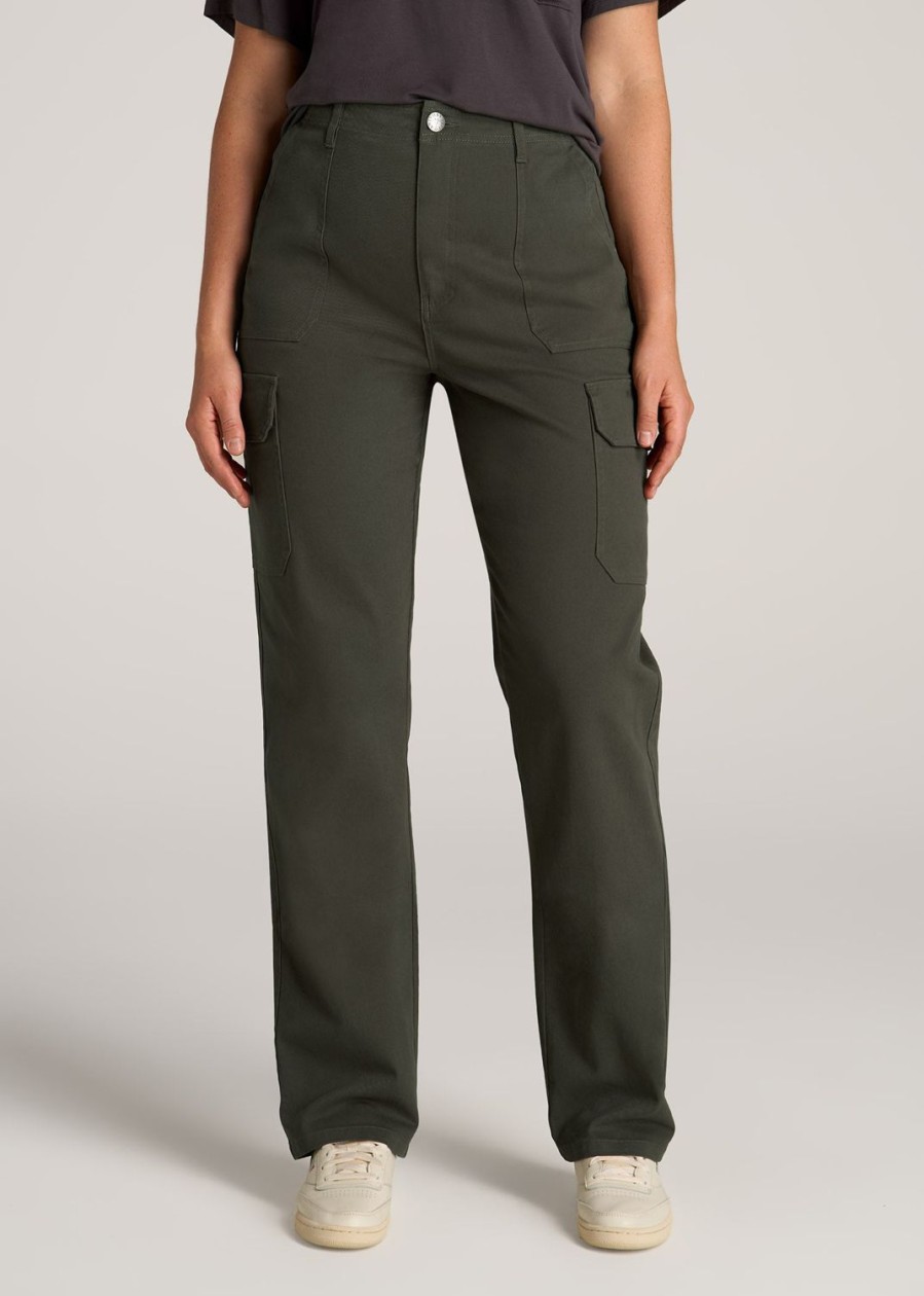 Women American Tall Pants + Trousers | Straight Leg Cargo Chino Pants For Tall Women In Dark Moss Green