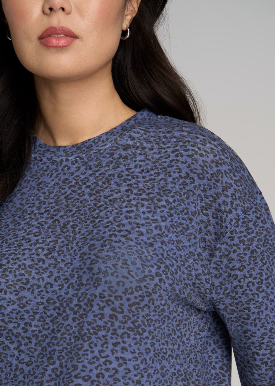 Women American Tall Long Sleeve Tees | Cozy Lounge Crewneck In Tall Women'S Shirts Navy Leopard