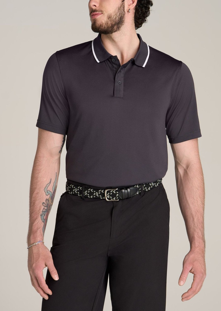 Men American Tall Polos | A.T. Performance Tipped Golf Polo For Tall Men In Charcoal