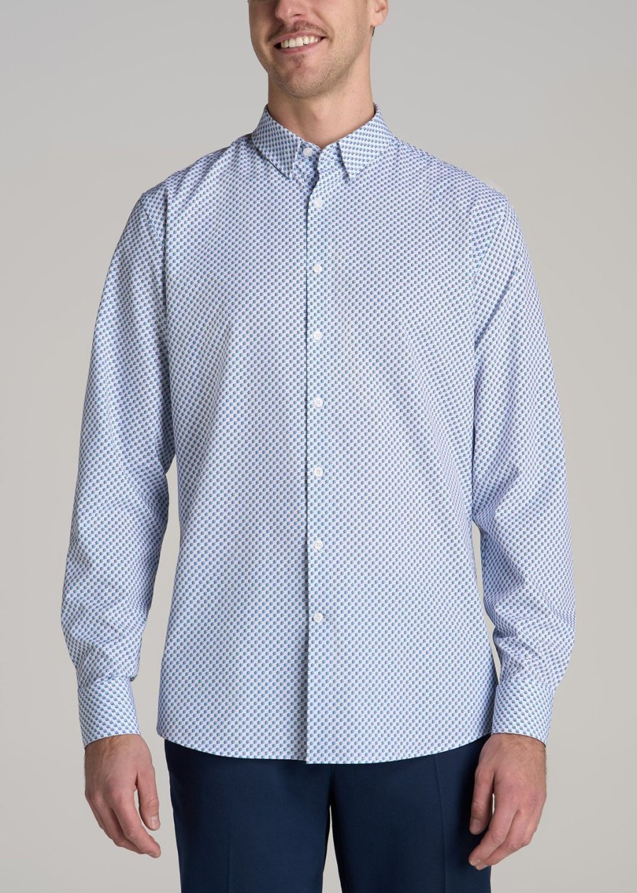 Men American Tall Button Shirts | Traveler Stretch Dress Shirt For Tall Men In Light Blue Geometric