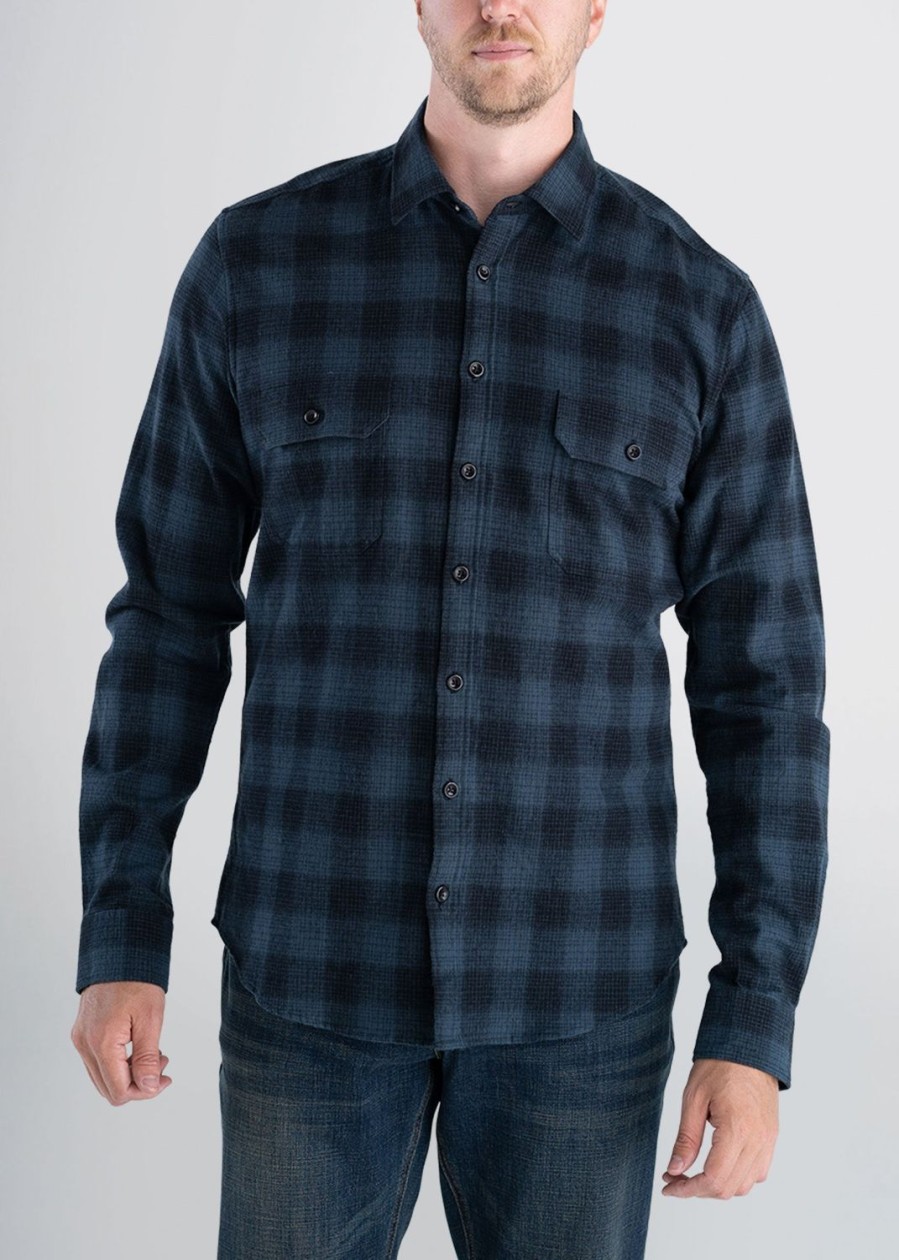 Men American Tall Button Shirts | Lj&S Men'S Tall Heavy Flannel Shirt In Army Plaid-Black & Spruce Blue