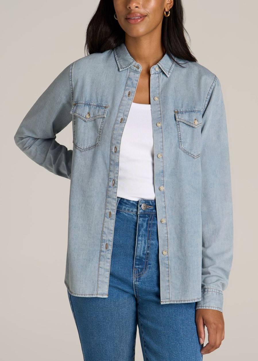 Women American Tall Shirts + Tops | Women'S Tall Denim Shirt In Light Blue