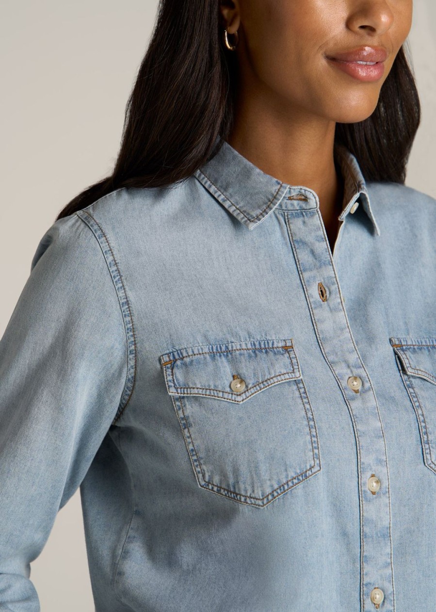 Women American Tall Shirts + Tops | Women'S Tall Denim Shirt In Light Blue