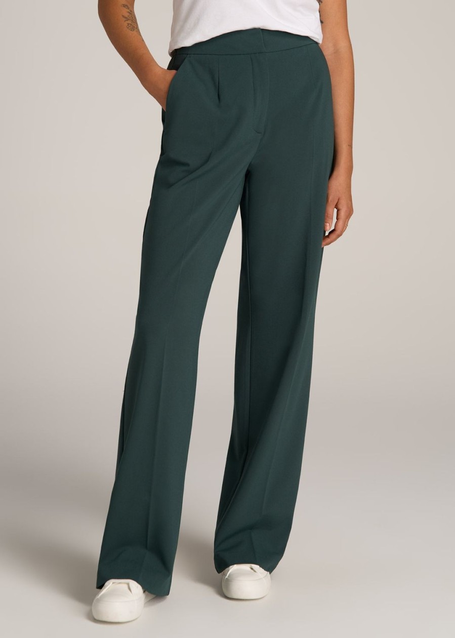 Women American Tall Pants + Trousers | Flat Front Wide Leg Dress Pants For Tall Women In Smoky Pine